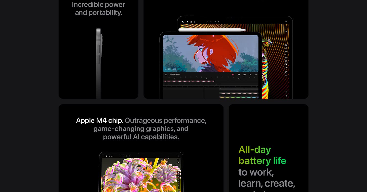 Incredible power and portability. Apple M4 chip. Outrageous performance, game-changing graphics, and powerful AI capabilities. All-day battery life to work learn, create,